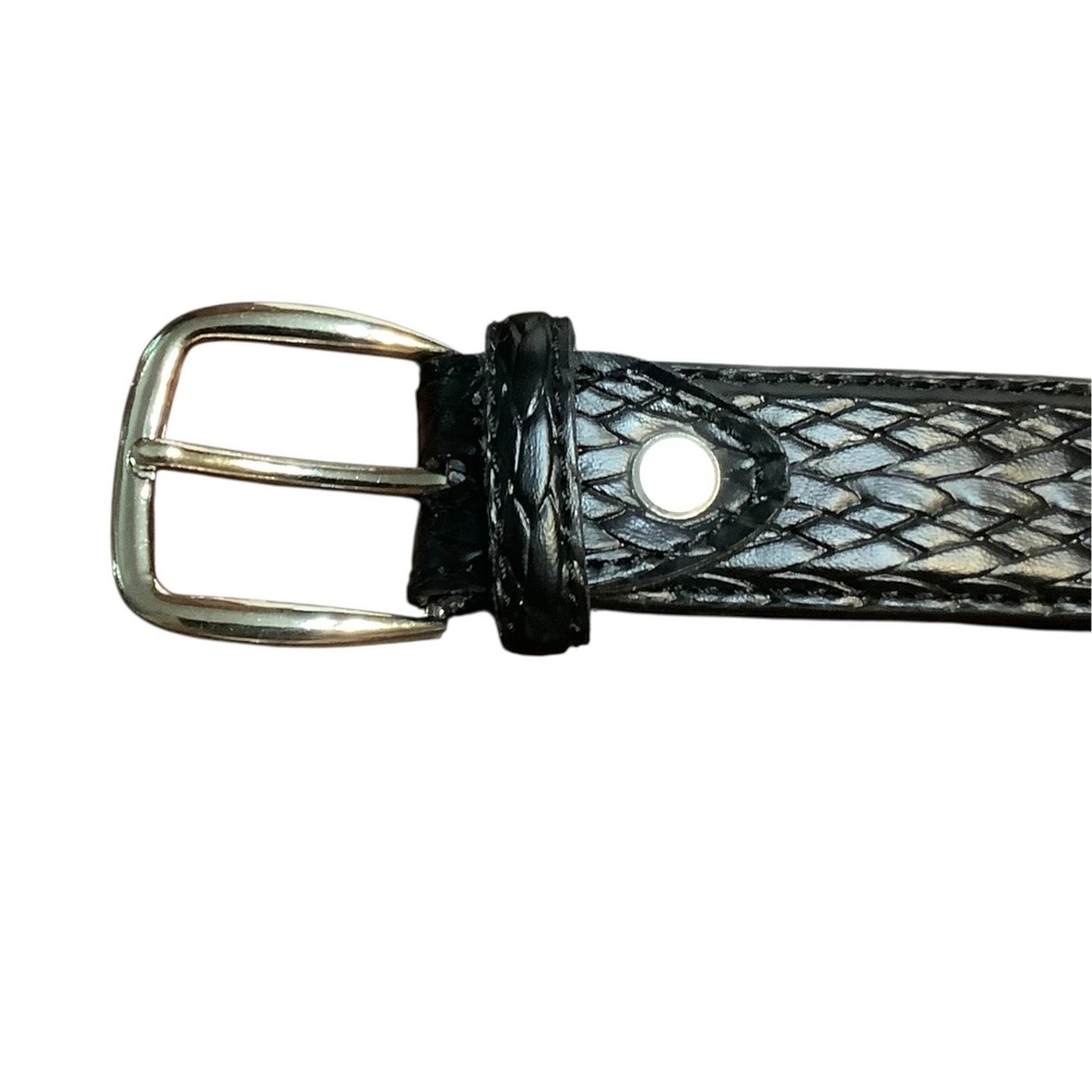 Vintage Black Embossed Woven Leather Belt Silver Buckle Waist 28-32"